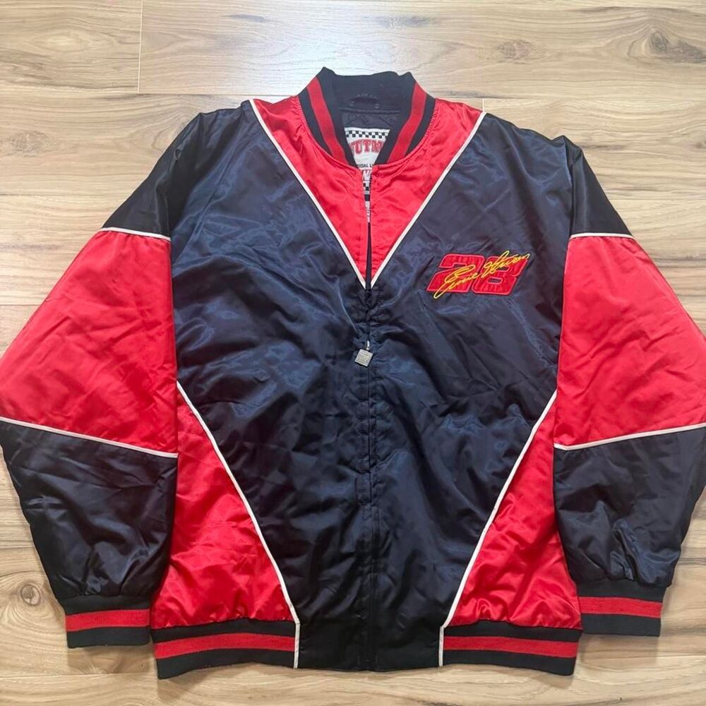 Vintage 90s Nutmeg NASCAR Ernie Irvan satin bomber embroidered jacket size XL